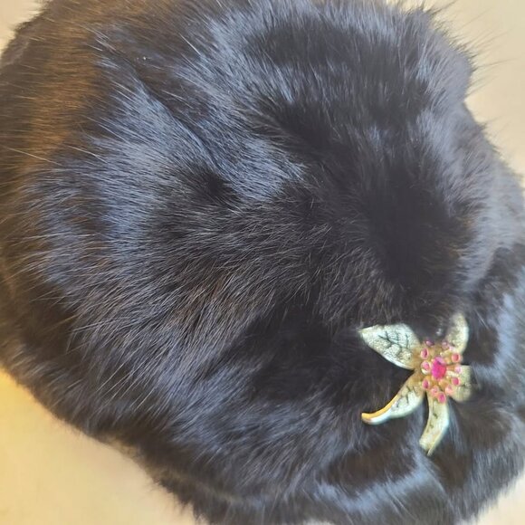 Vintage Beatrice Zacharie Black Rabbit Fur Hat Pink SarahcovCubic Broch Women S - Picture 4 of 10